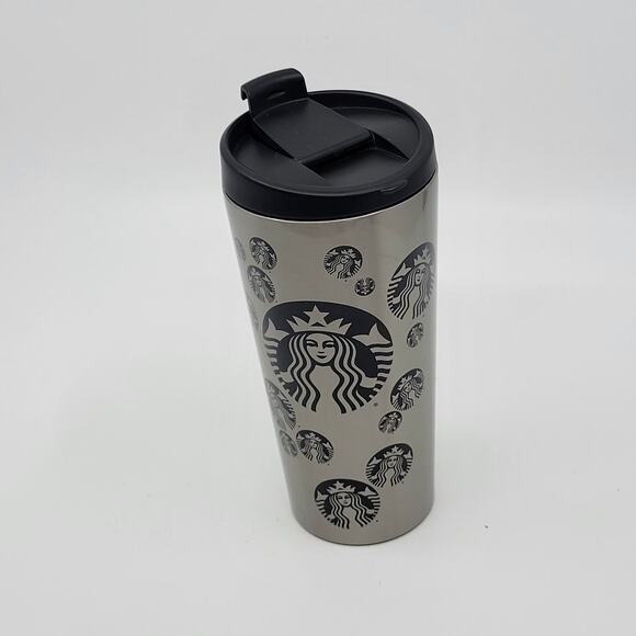 2014 Starbucks Mermaid Logo Circles Silver Stainless Steel Tumbler Travel Mug - Picture 1 of 11